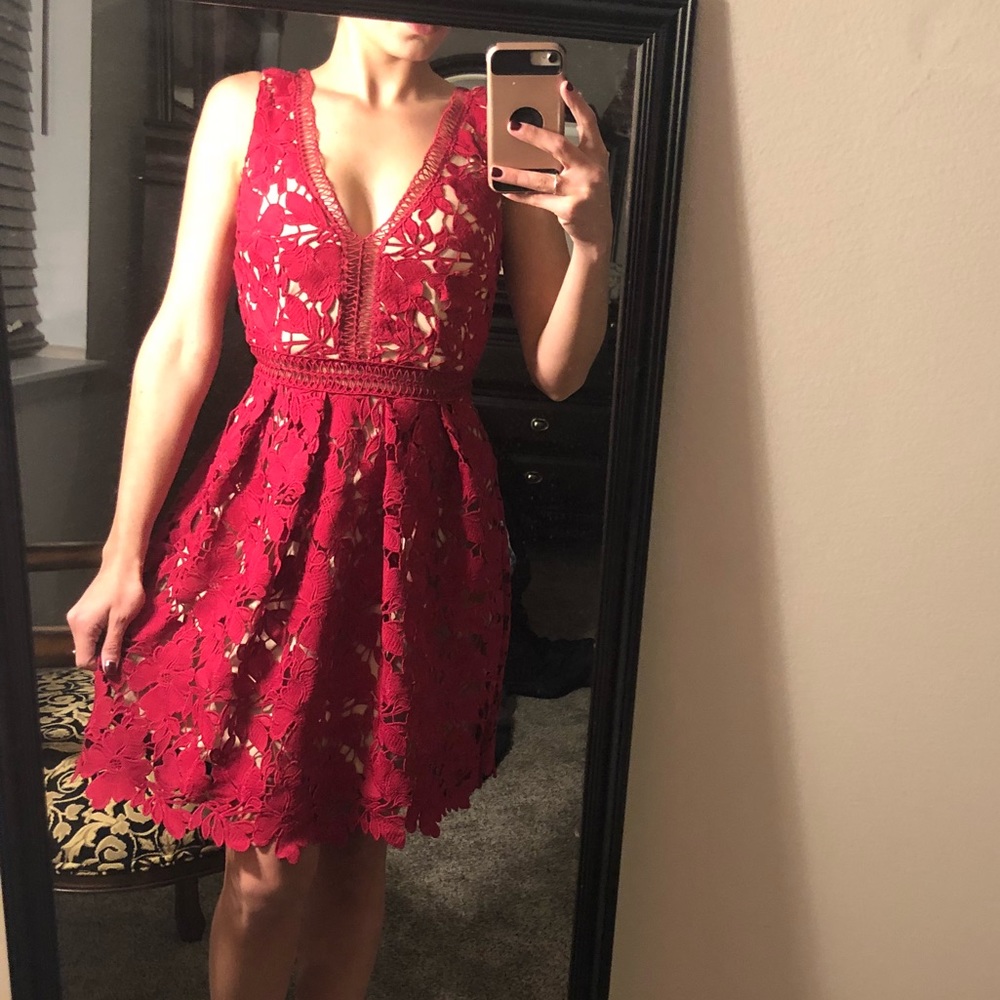 Beautiful Red Lace Dress with Nude underneath